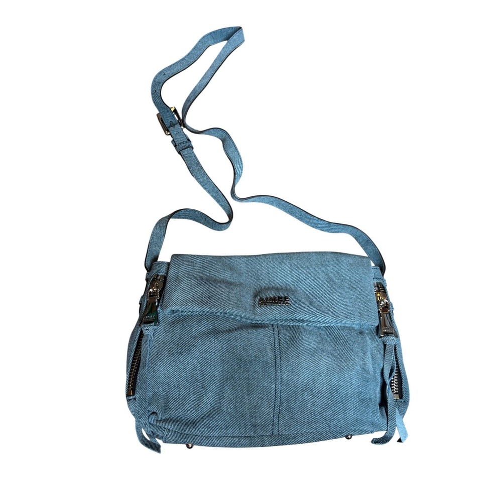 Aimee Kestenberg Tamitha Denim Leather Crossbody Messenger Bag Blue Silver New